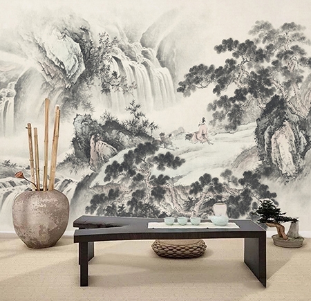 peinture asiatique en noir et blanc paysage zen grande chute d eau